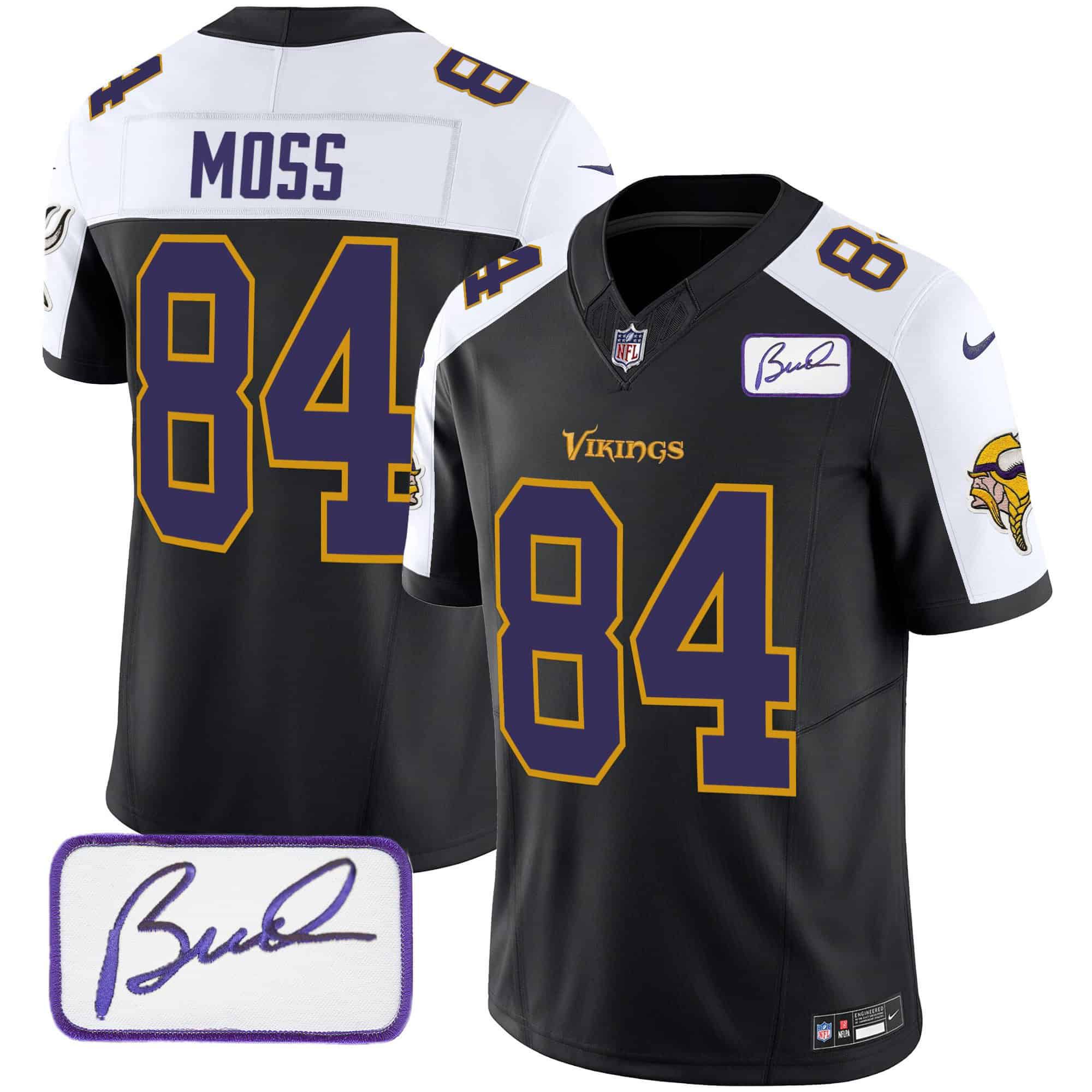 Men Minnesota Vikings 84 Moss Black 2024 Nike Bud Grant Patch Classic Limited NFL Jersey style 2